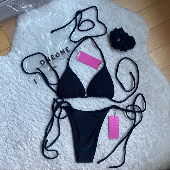 NWT OneOne Swimwear SET Bikini Black Ariel Noir Ribbed Padded New Cheeky - Picture 2 of 6